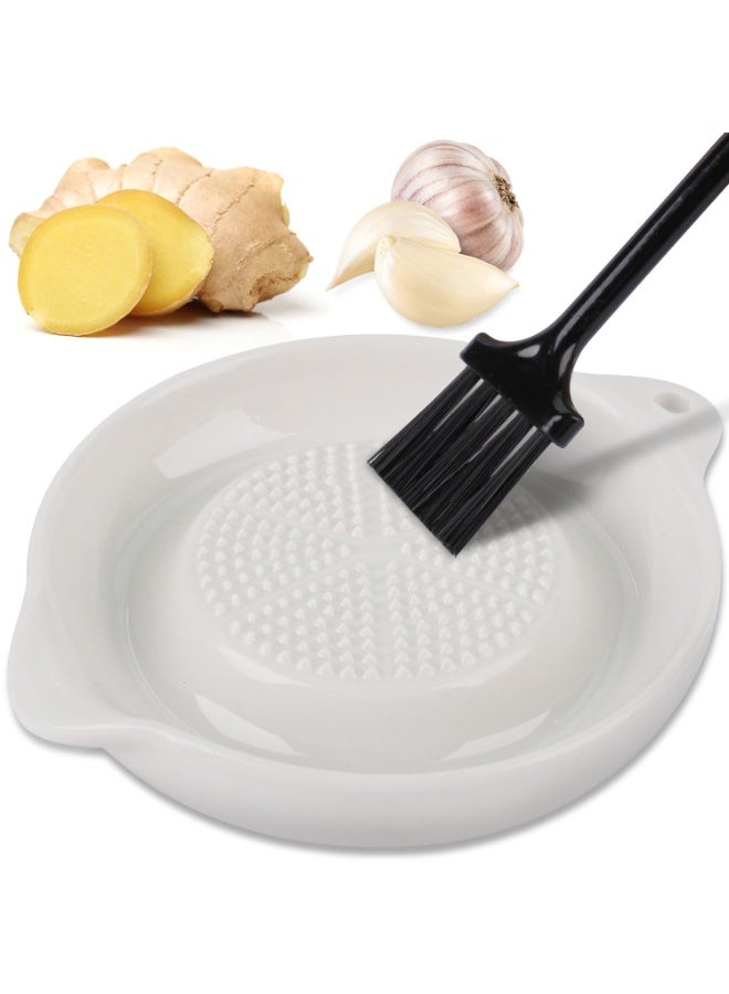 kunshao Ceramic Ginger Garlic Grater, Round White with Cleaning Brush, for Onion Vegetable Cheese Turmeric, Kitchen Tool - Image 1